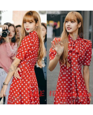 blackpink lisa  ファッションション 赤白ドット ドレス ブラックピンク KILLTHISLOVE 打歌服 通販 即納 